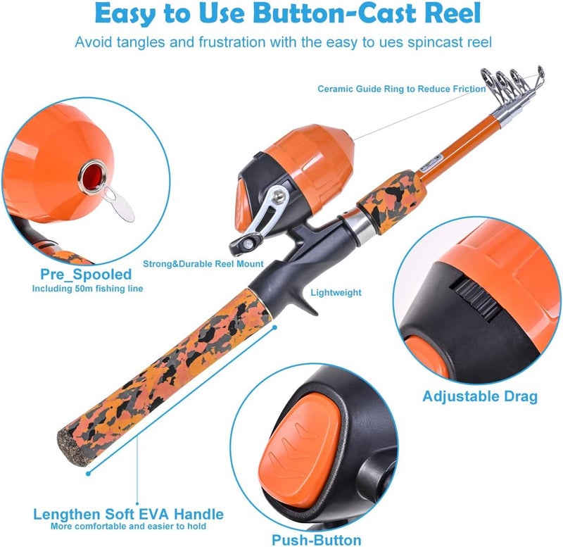 CODEK Kids Fishing Pole Set with Full Starter Kits 2 Set Portable Telescopic Fishing Rod and Spincast Reel Cambos with a Fishing Net and 2 Buckets for Boys Girls and Youth - Image 2